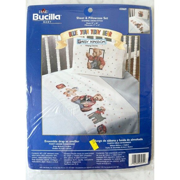 Bucilla Blue Jean Teddy Bear Sheet & Pillowcase Cross Stitch Kit Daisy Kingdom - Picture 2 of 4